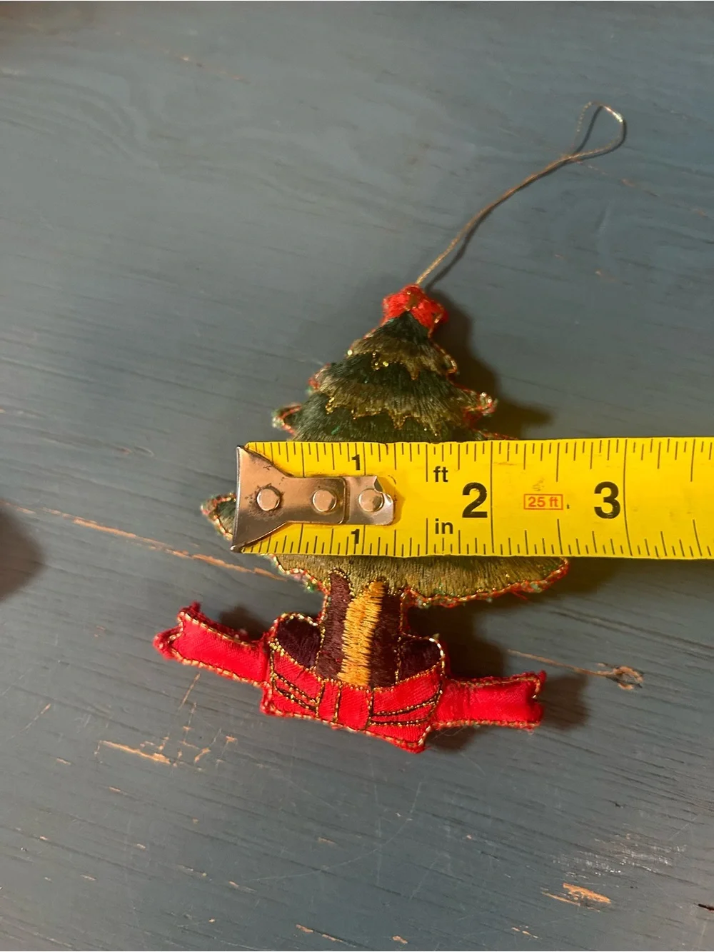 Handmade Green and Red Embroidered Christmas Tree Ornament w/Gold Stitching